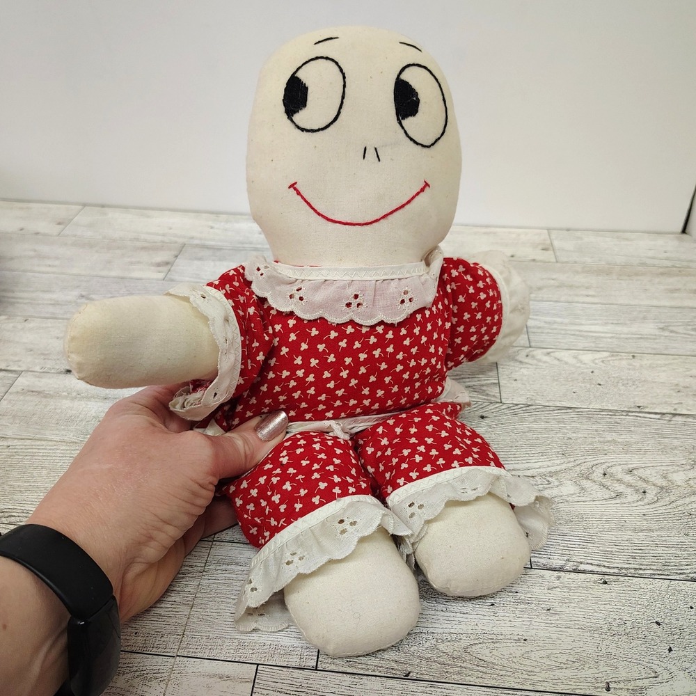 Vintage Handmade Rag Doll Red White‎ Dress 1982 Folk Art 12" Tall